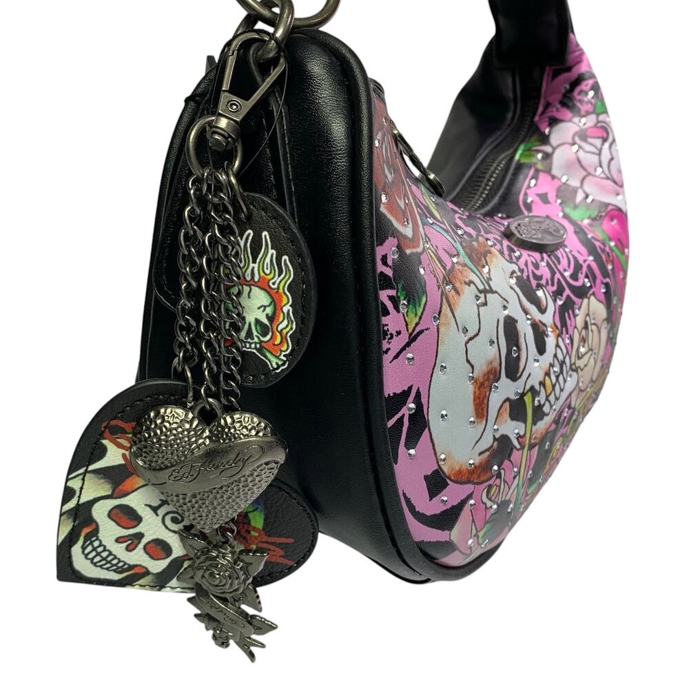 NWT Ed Hardy Skull Rhinestone Mini Hobo Bag Charms Pink Halloween Goth Purse
